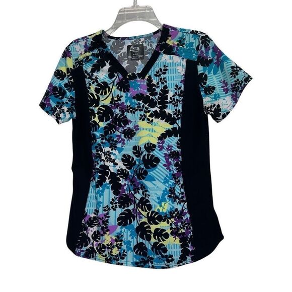 Cherokee iFlex Scrub Top Women's Medium Multicolor Floral V-neck Short Sleeve - Picture 4 of 8